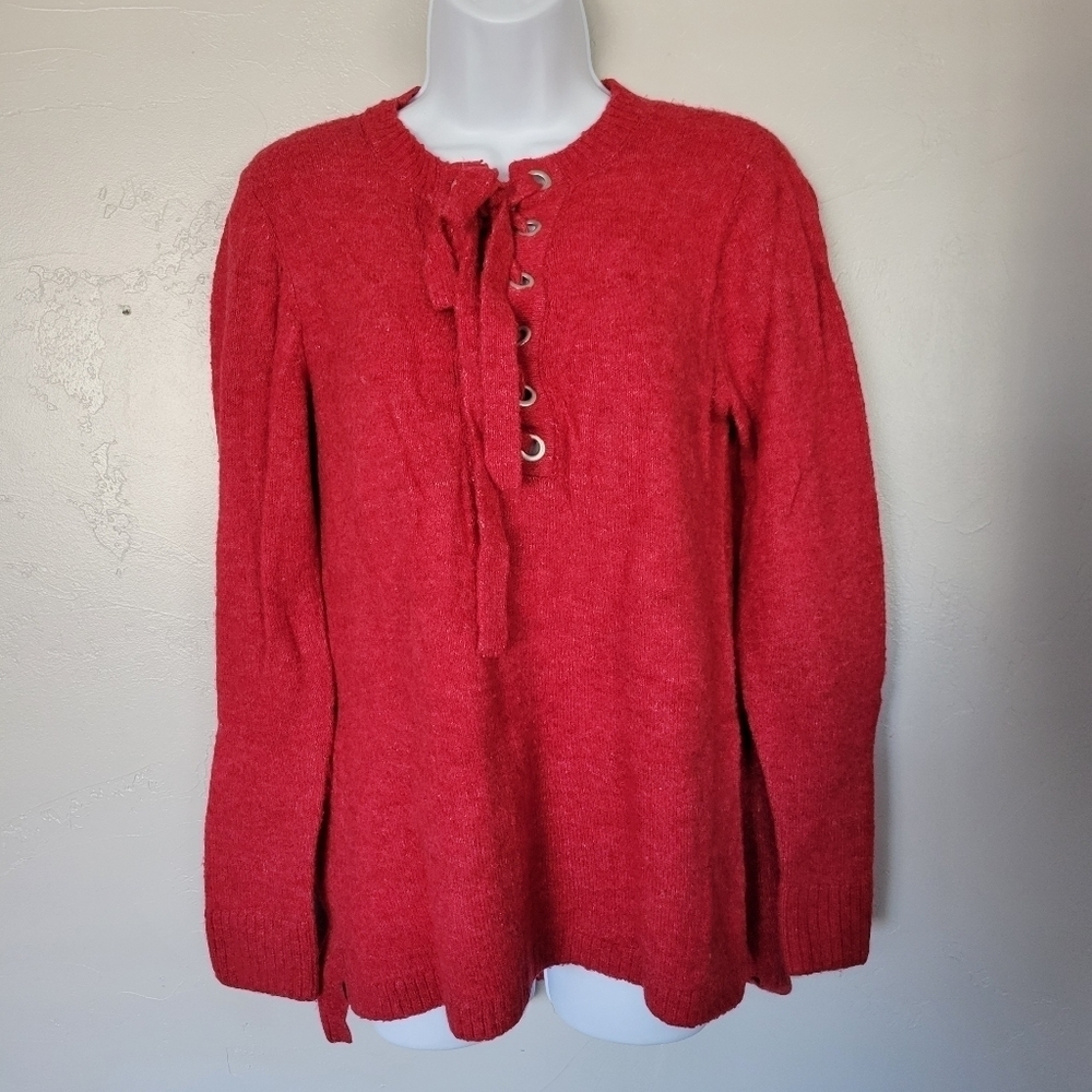 Kensie Women's Small Long Sleeve Red Sweater Lace Up Front Soft Comfy Pullover
